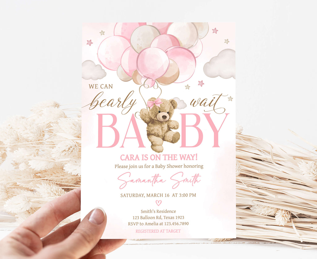 Pink Bear Balloon Baby Shower Invitation