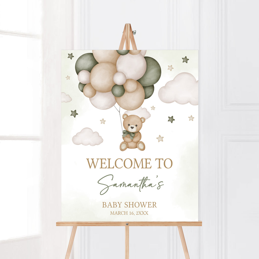 Green Balloon Bear Baby Shower Welcome Sign