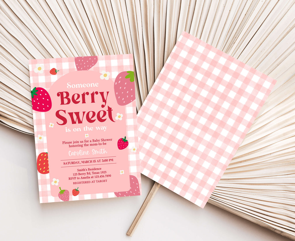 Invitation card with strawberry design on a checkered background