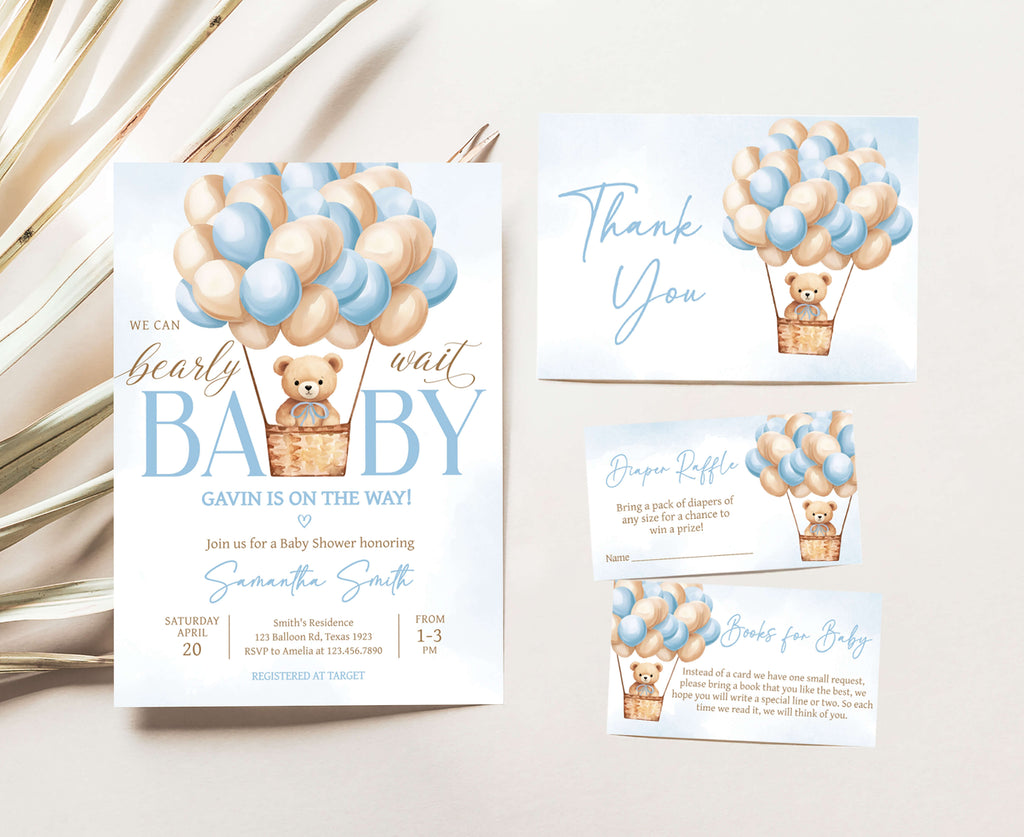 Blue Bear Hot Air Balloon Baby Shower Invitation Set