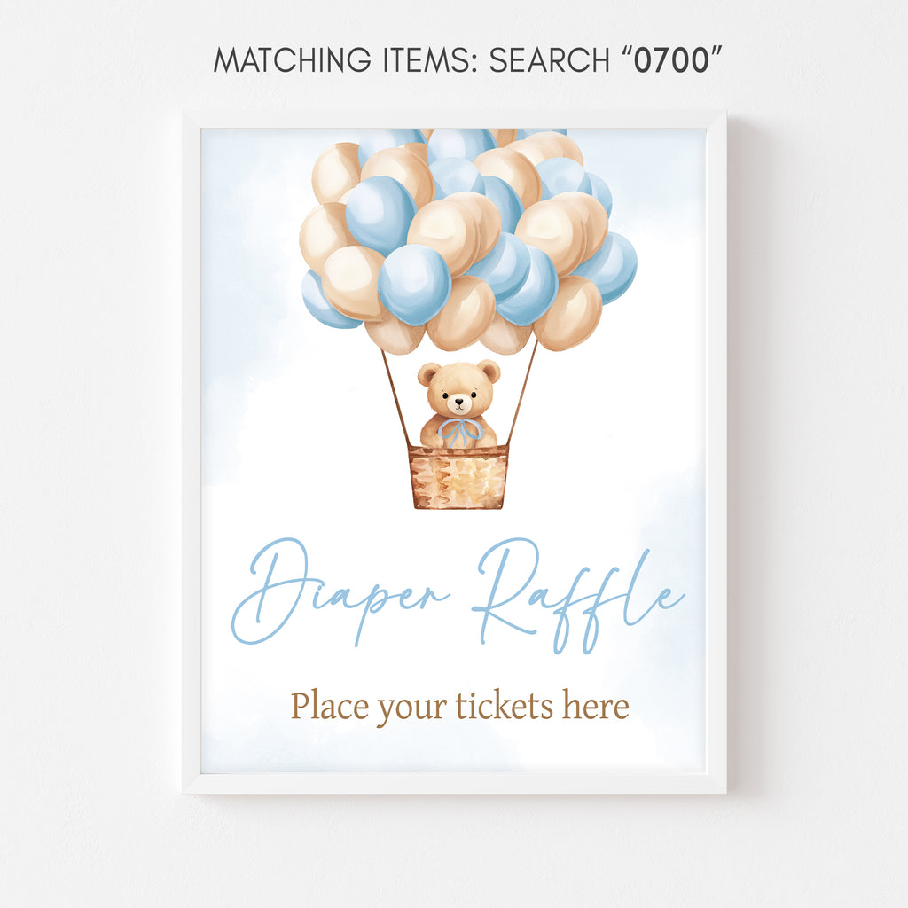 Blue Bear Hot Air Balloon Baby Shower Diaper Raffle Sign
