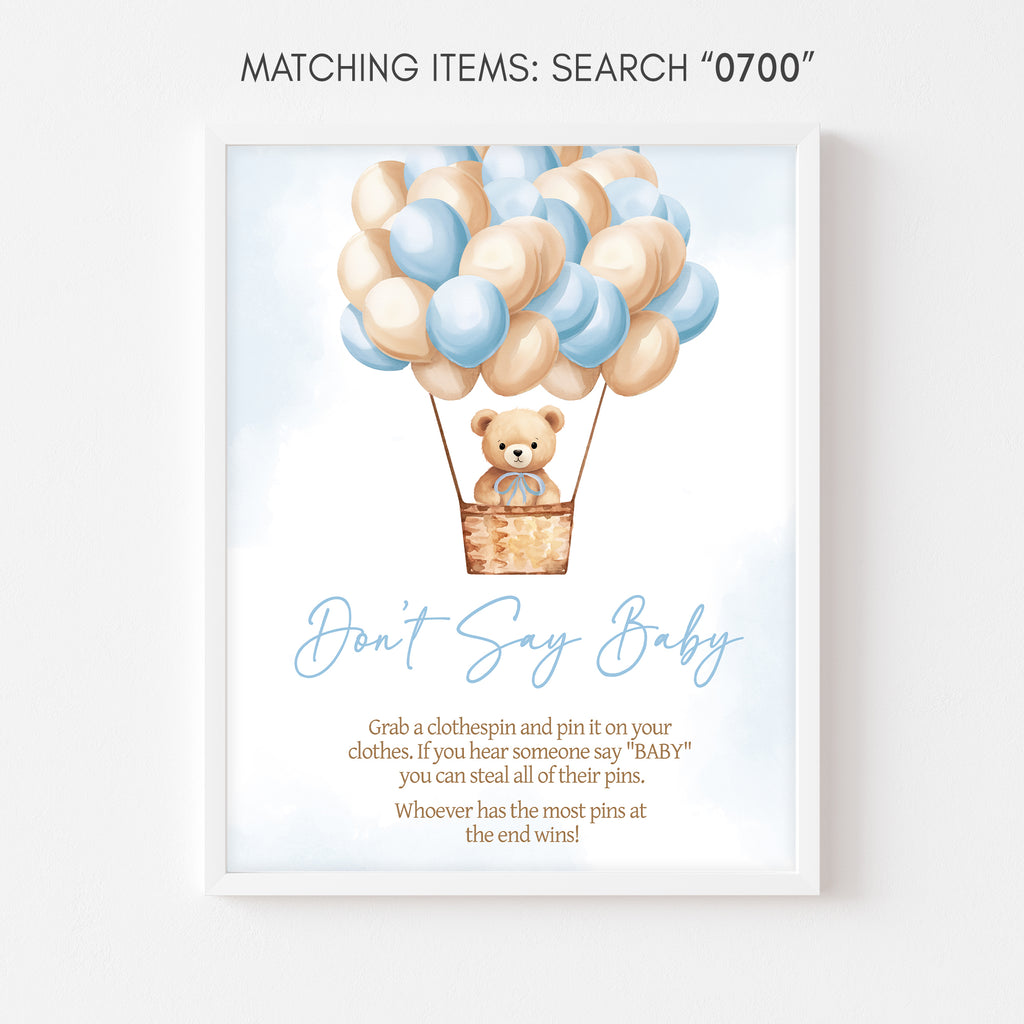Blue Bear Hot Air Balloon Baby Shower Don't Say Baby Sign