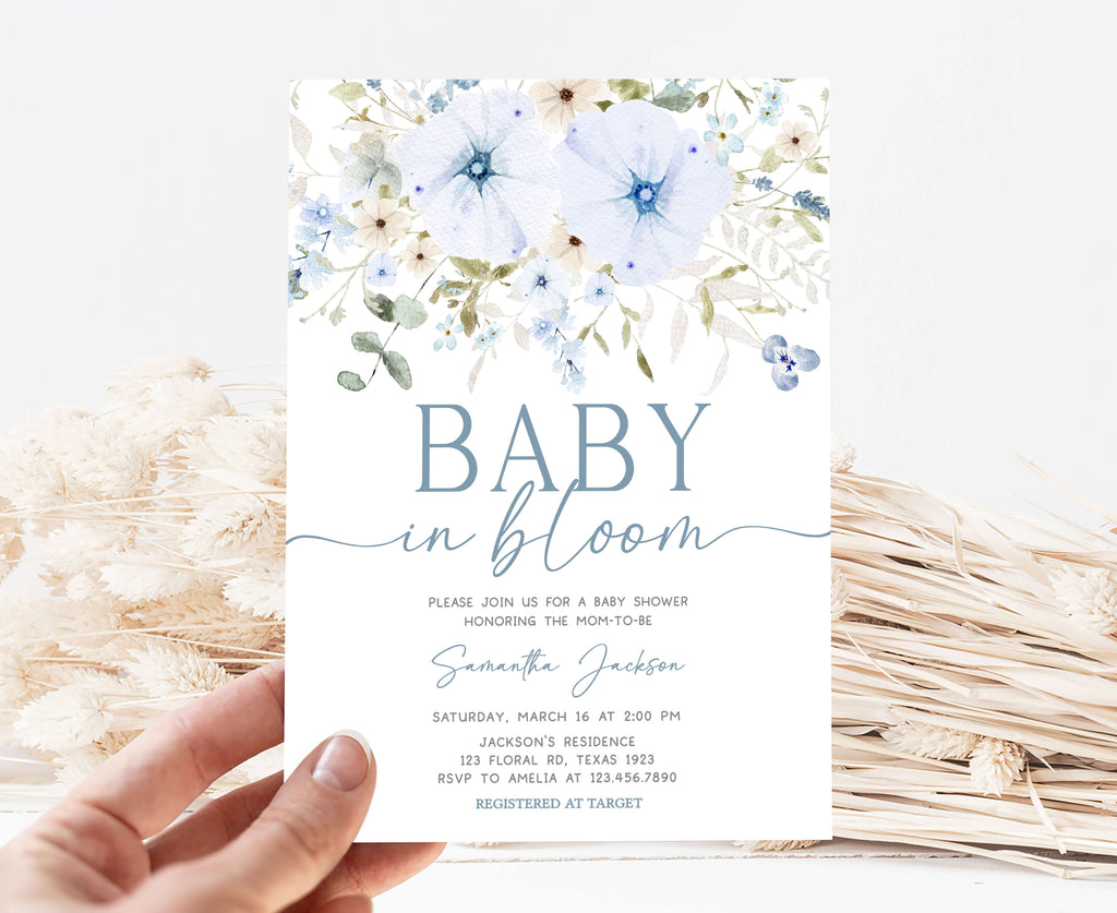 Blue Baby in Bloom Baby Shower Invitation