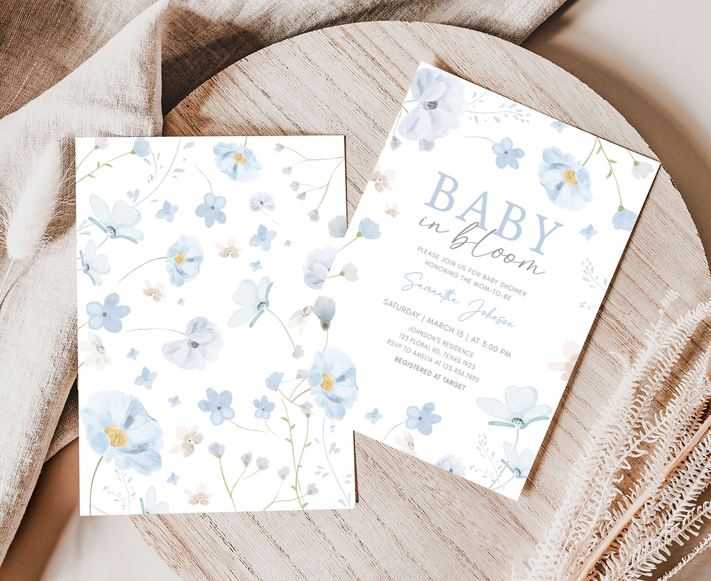 Blue floral spring baby shower invite for boy, baby in bloom theme