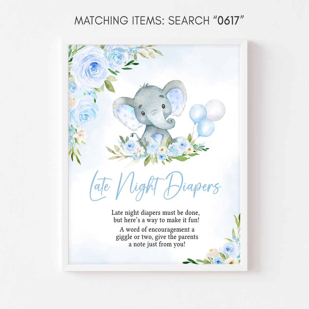 Blue Floral Elephant Baby Shower Late Night Diapers Sign