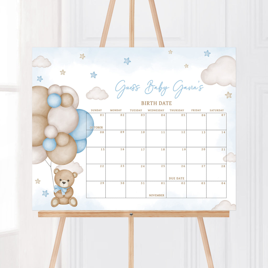 Blue Bear Baby Shower Due Date Calendar