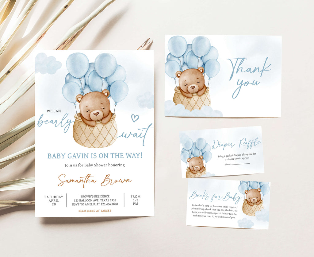 Bear Hot Air Balloon Baby Shower Invitation Set