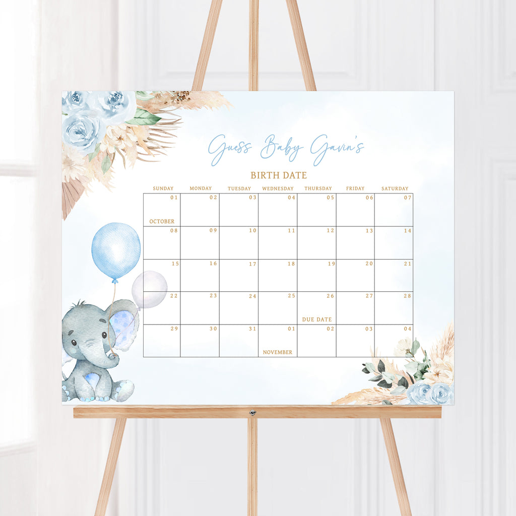 Blue Boho Elephant Baby Shower Due Date Calendar