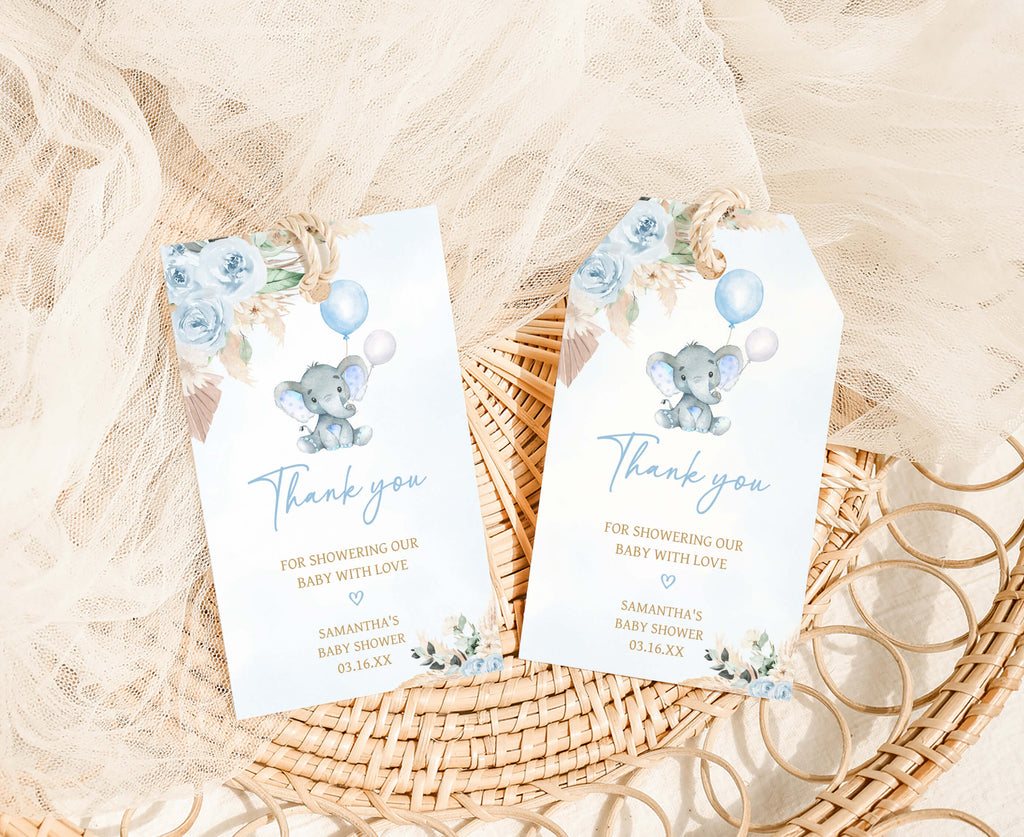 Blue Boho Elephant Baby Shower Favor Tag