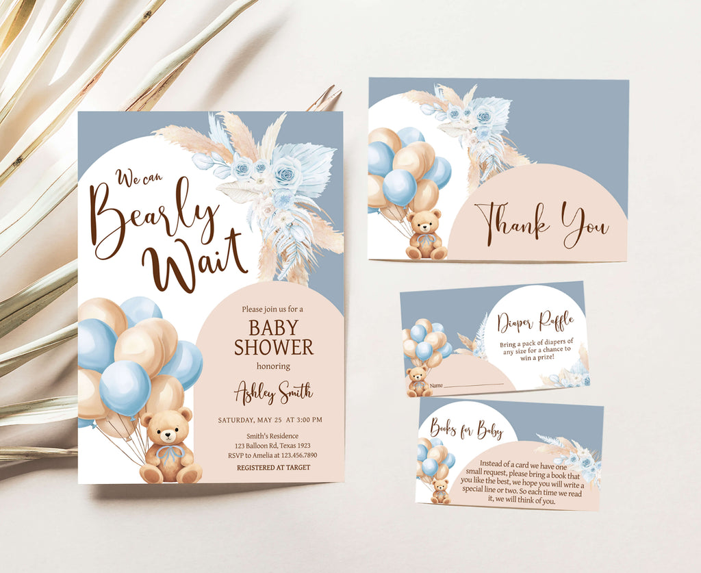 Blue Bear Balloon Baby Shower Invitation Set