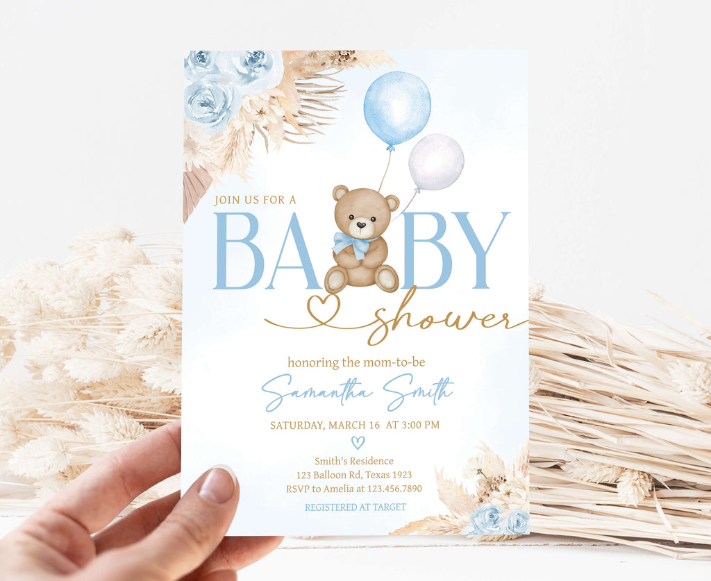 Blue Boho Bear Baby Shower Invitation