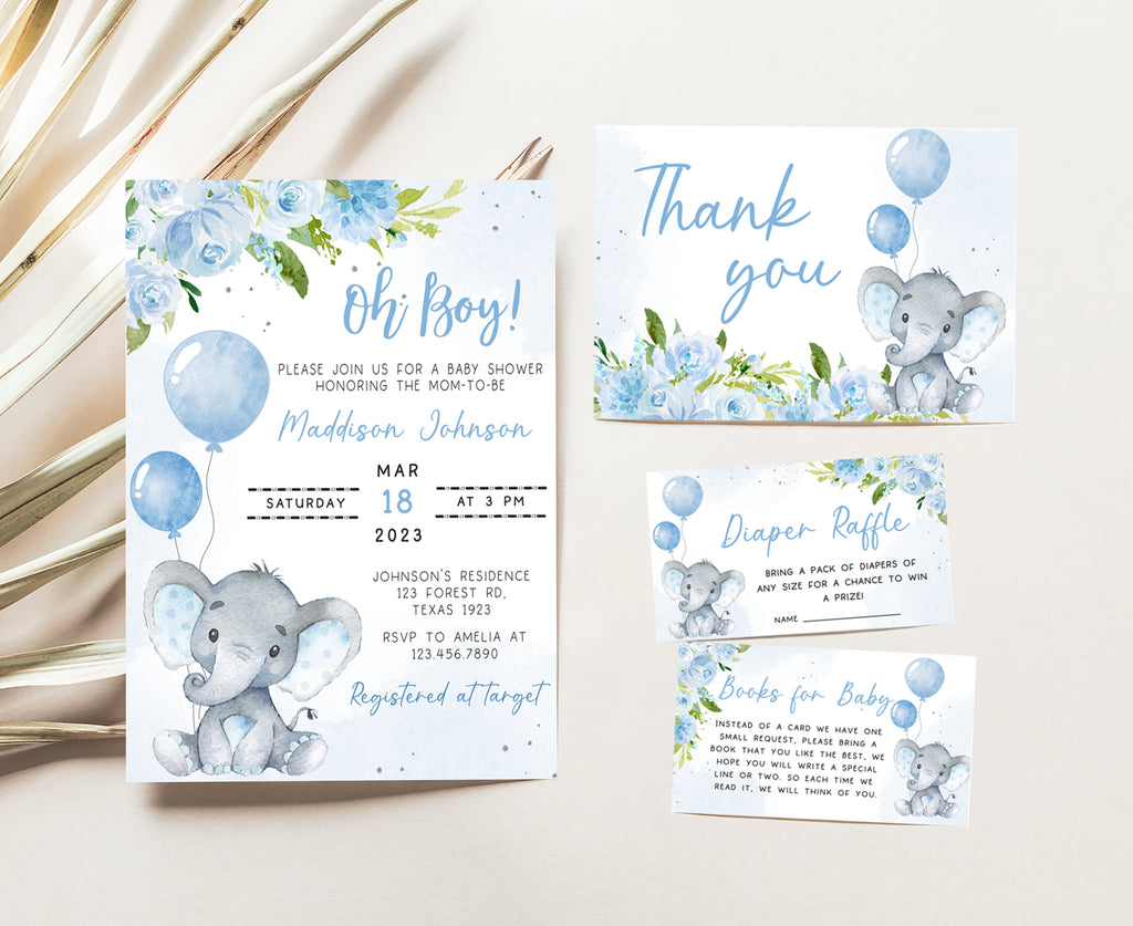 Blue Elephant Baby Shower Invitation Set