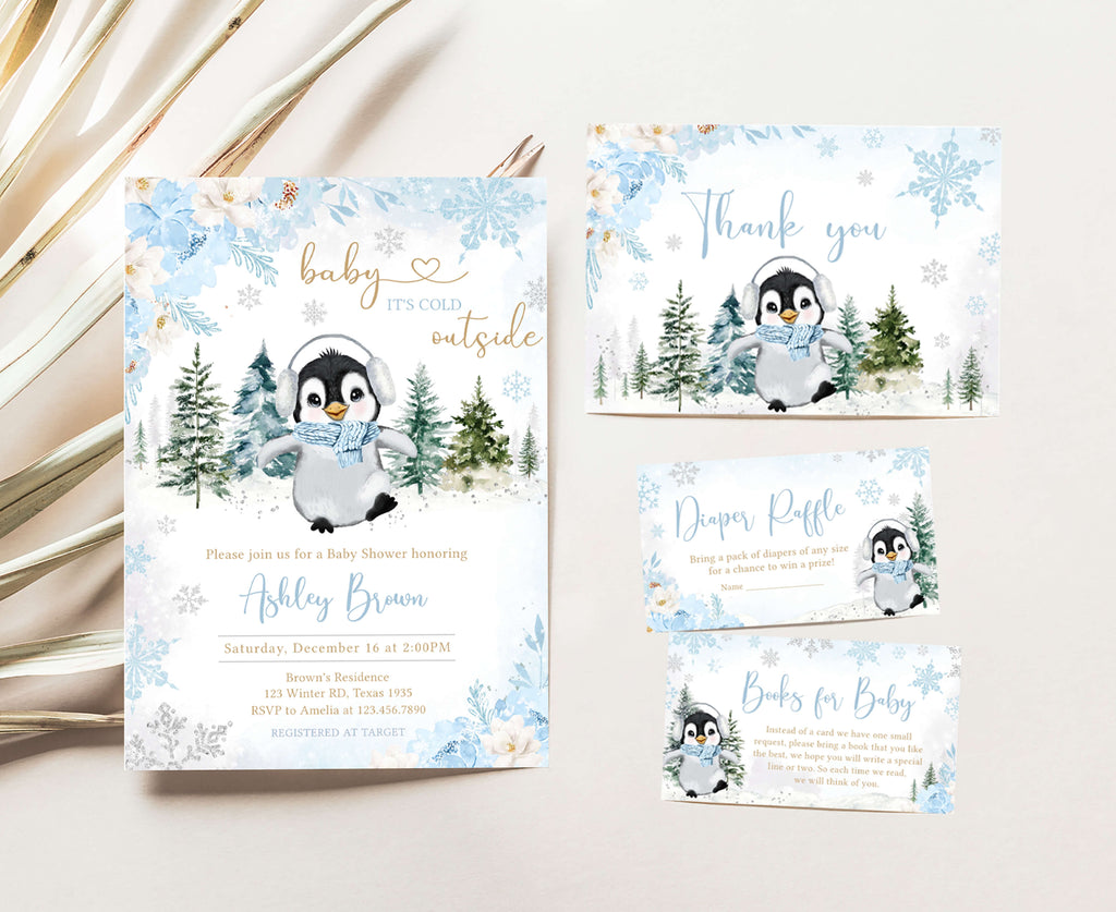 Boy Winter Penguin Baby Shower Invitation Set