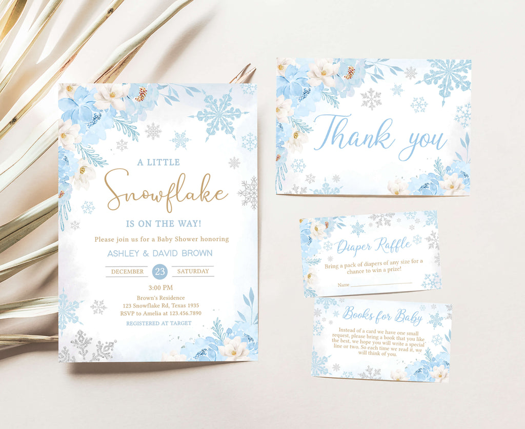 Blue A Little Snowflake Baby Shower Invitation Set