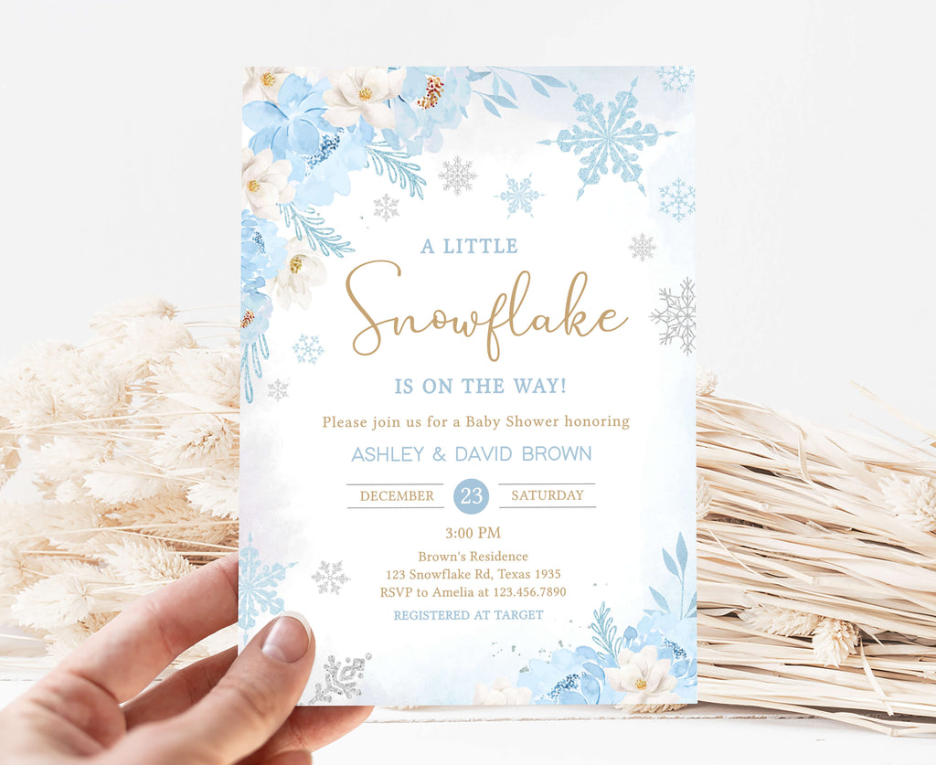 Blue A Little Snowflake Baby Shower Invitation