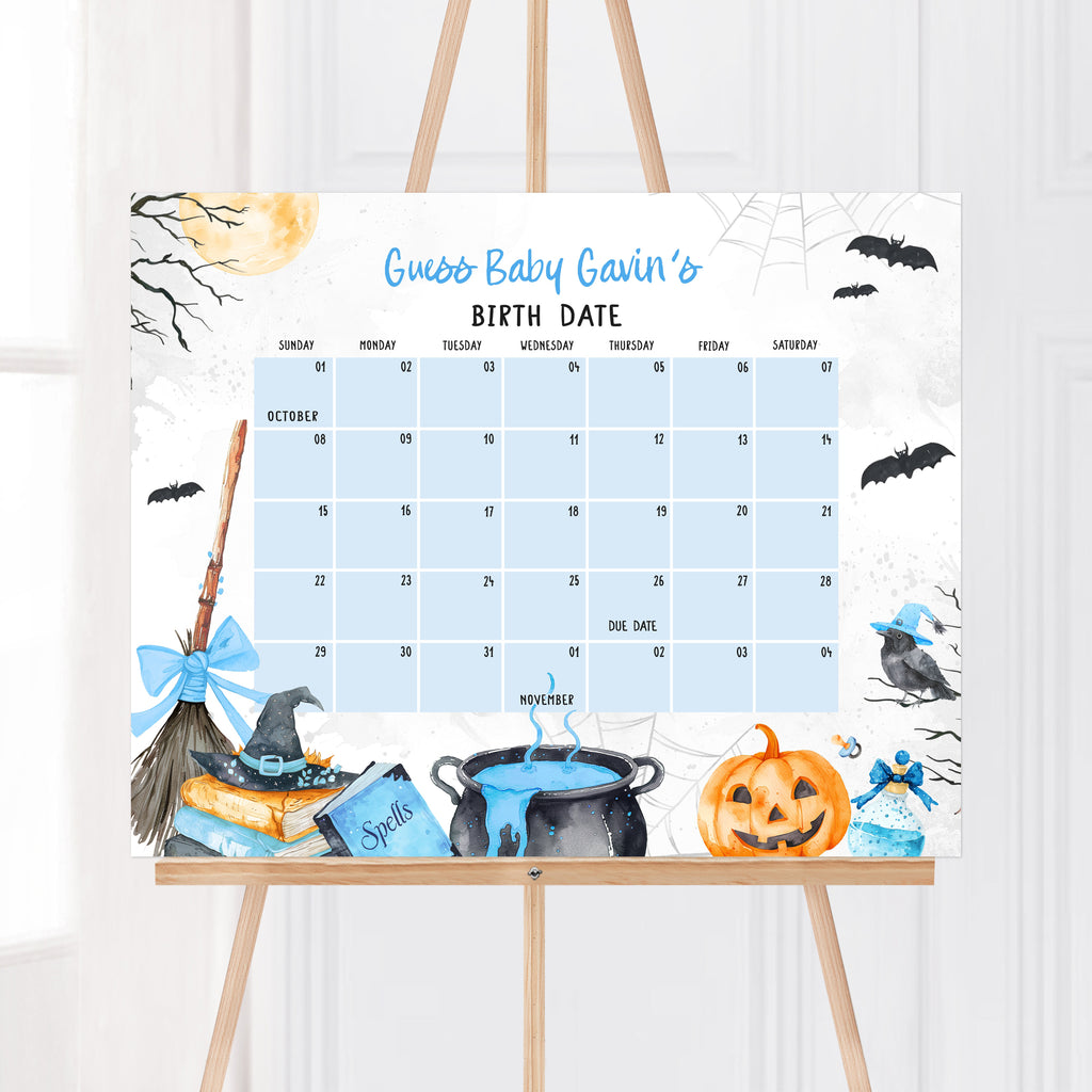 Spooky Halloween baby boy due date calendar with blue cauldron, pumpkin, and witch hat design