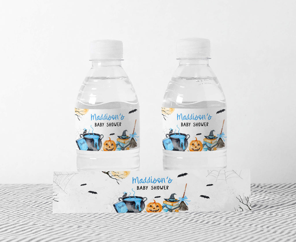 Halloween baby shower bottle labels for boy, blue baby is brewing pumpkin and witch cauldron design