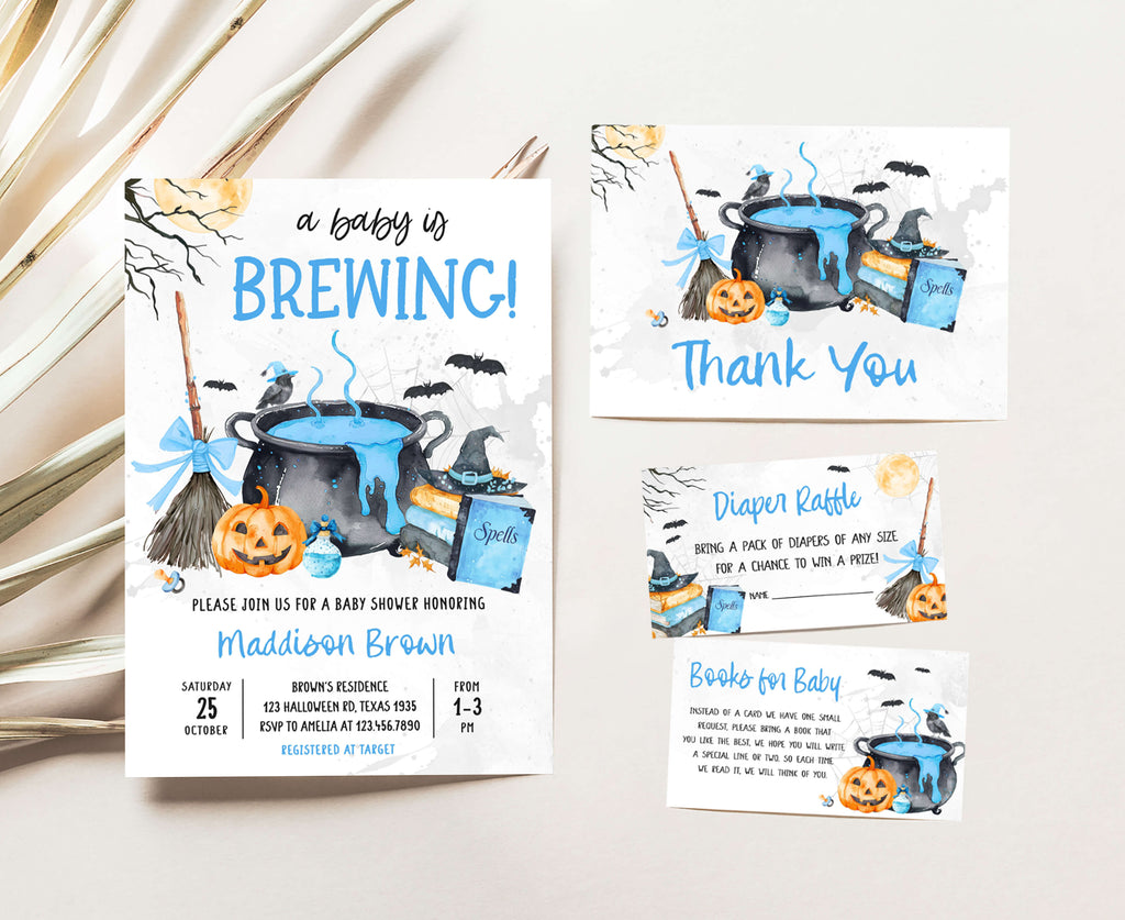 Baby boy is brewing invitation set, blue Halloween baby shower with pumpkin and witch cauldron