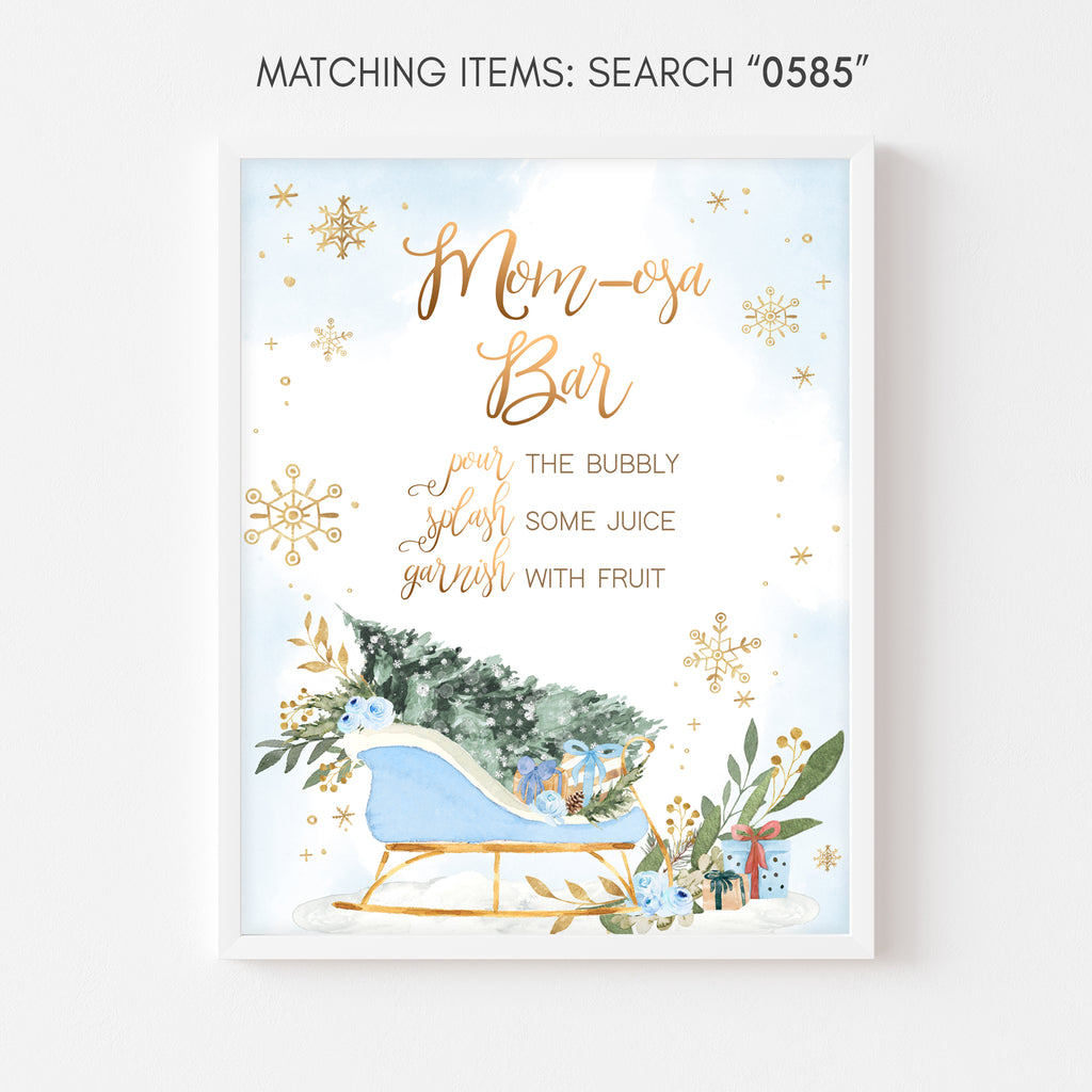 Winter baby shower Mom Osa bar sign boy with snowflakes and blue sleigh accents