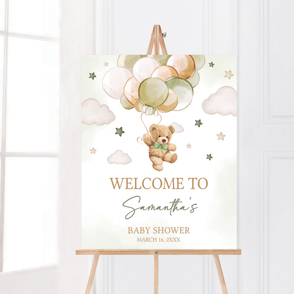 Green Boho Bear Baby Shower Welcome Sign