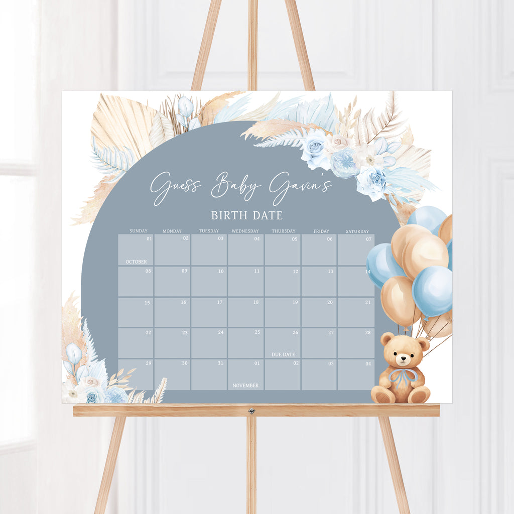 Boho Bear Balloon Baby Shower Due Date Calendar