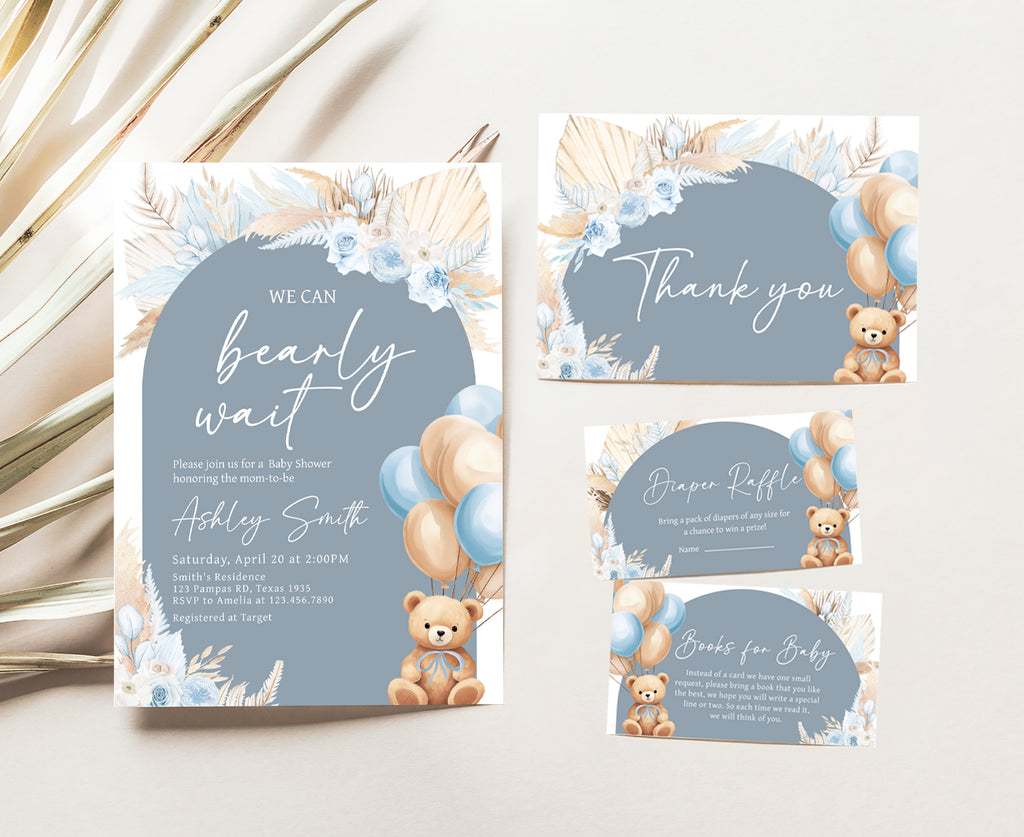 Boho Bear Balloon Baby Shower Invitation Set