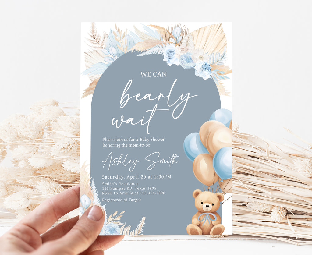 Boho Bear Balloon Baby Shower Invitation