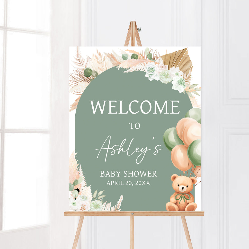 Green Bear Balloon Baby Shower Welcome Sign