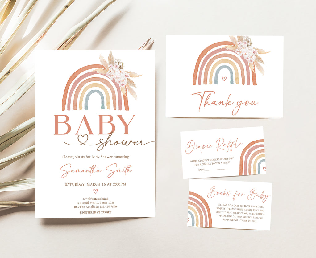 Boho Rainbow Baby Shower Invitation Set