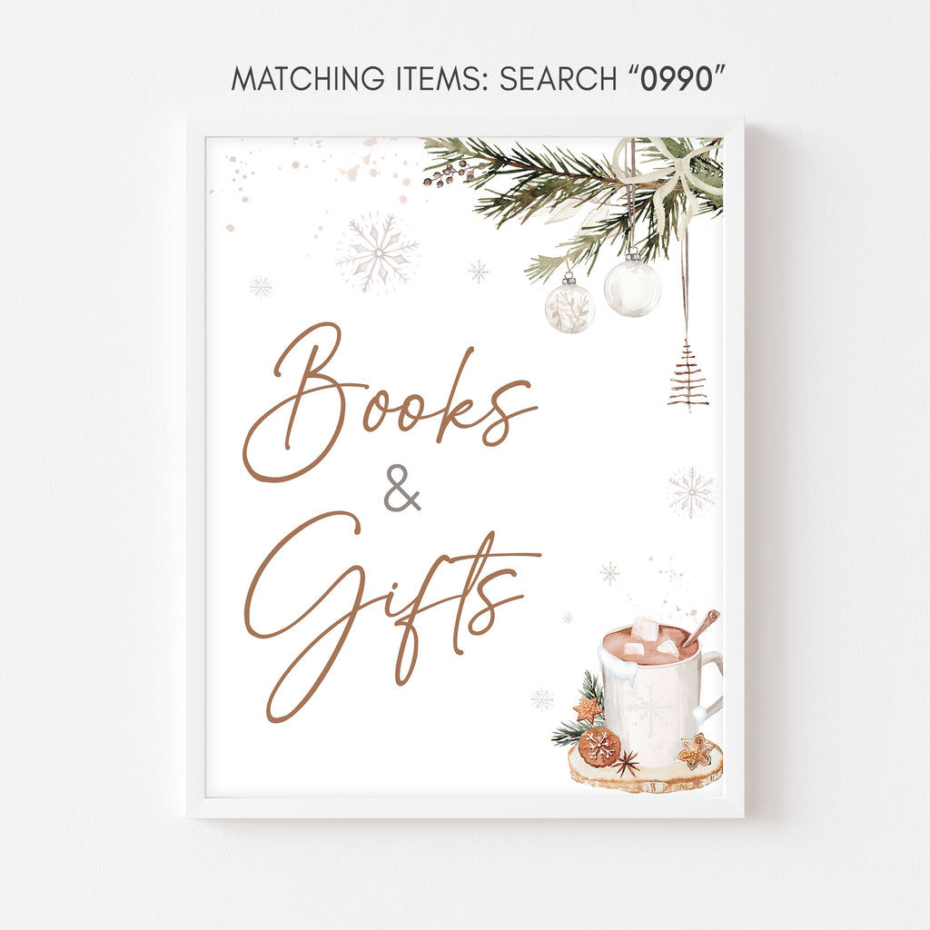 Rustic Christmas baby shower books and gifts sign with neutral holiday theme