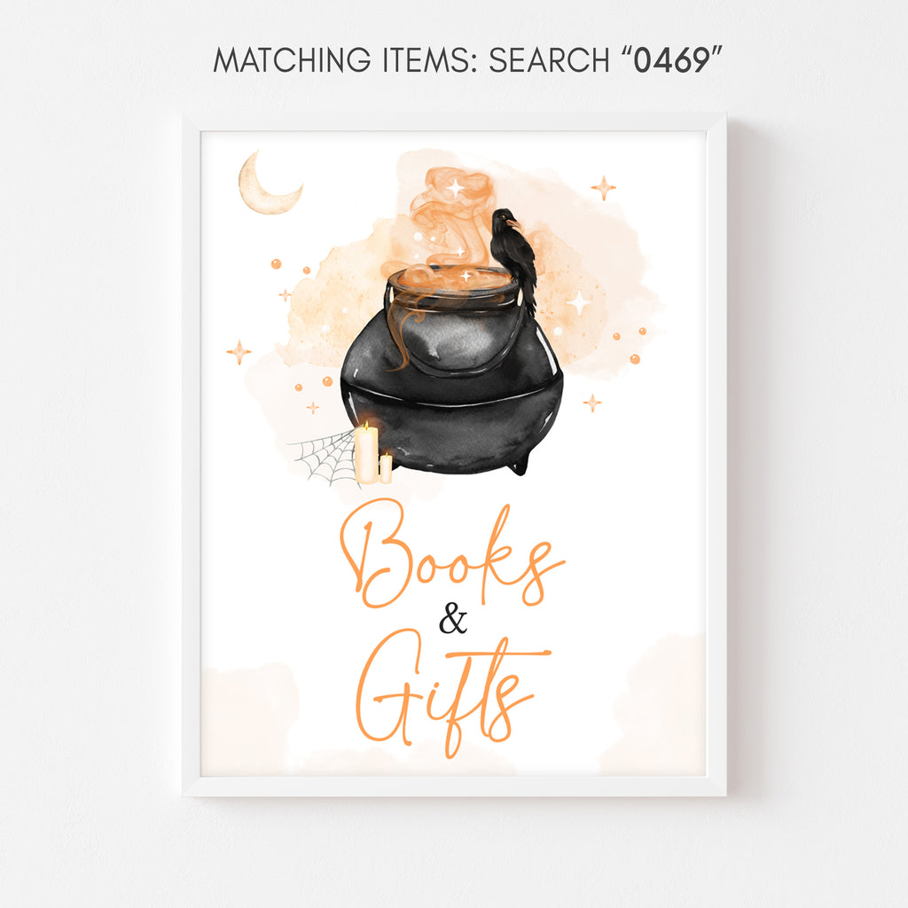 Books and Gifts Halloween baby shower sign – witch cauldron design for gender neutral fall party