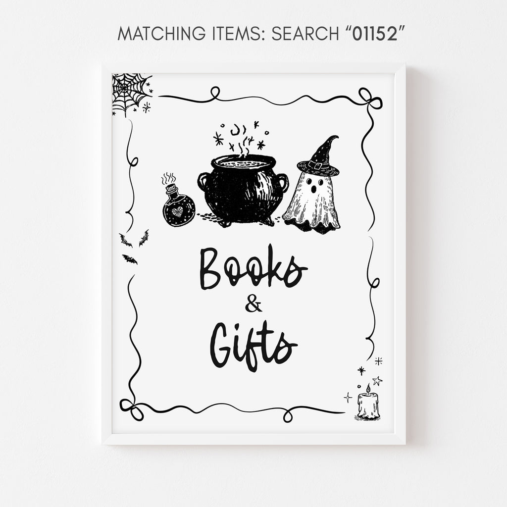 Books and gifts sign, spooky Halloween baby shower décor, brewing cauldron and ghost