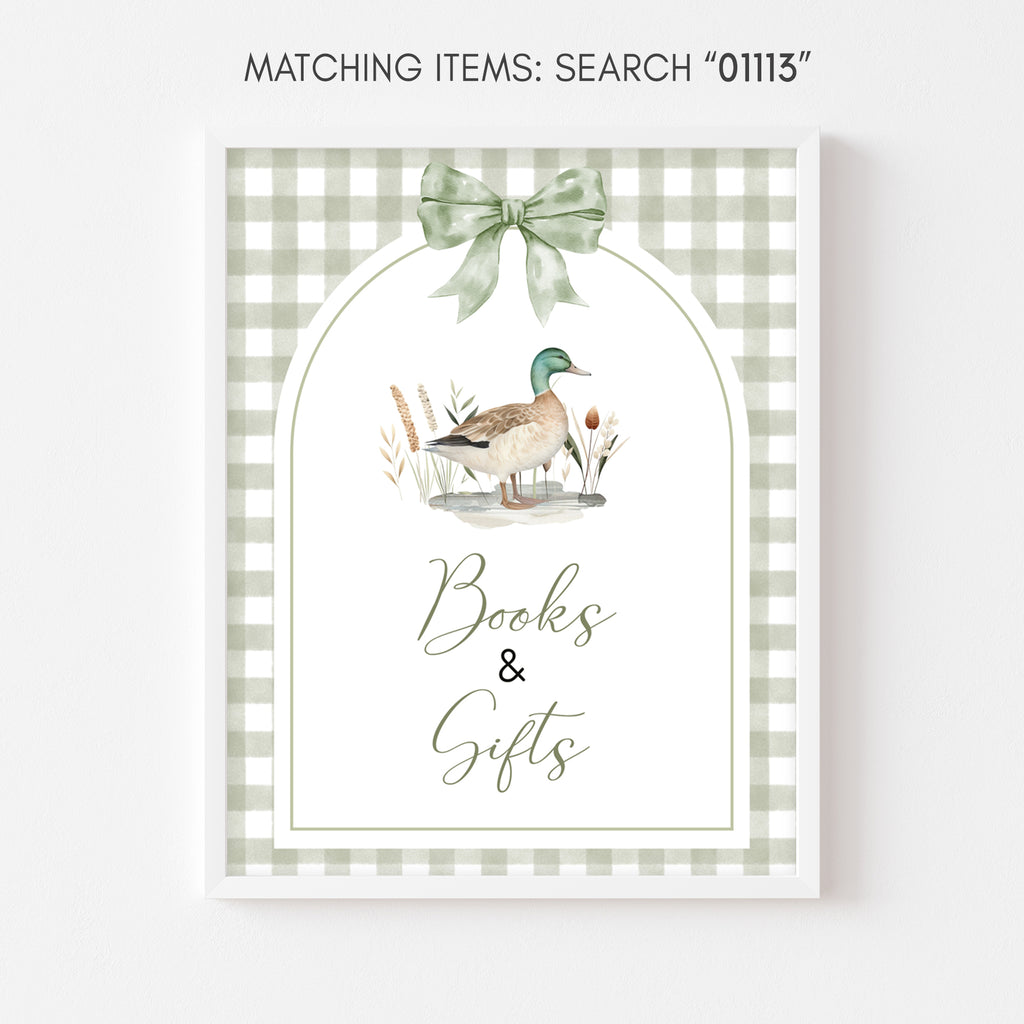 Woodland duck baby shower books and gifts sign with sage green gingham design