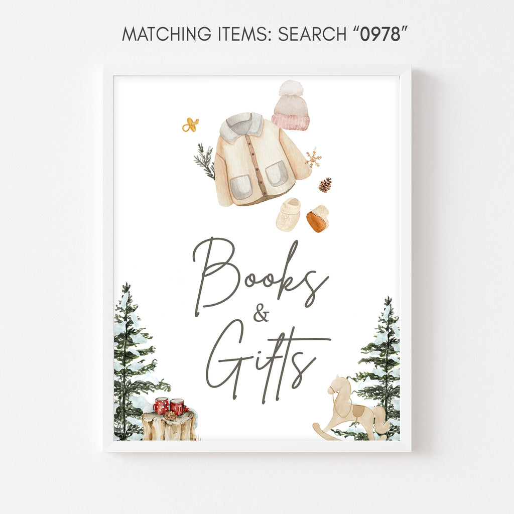 Woodland winter baby shower books and gifts table sign