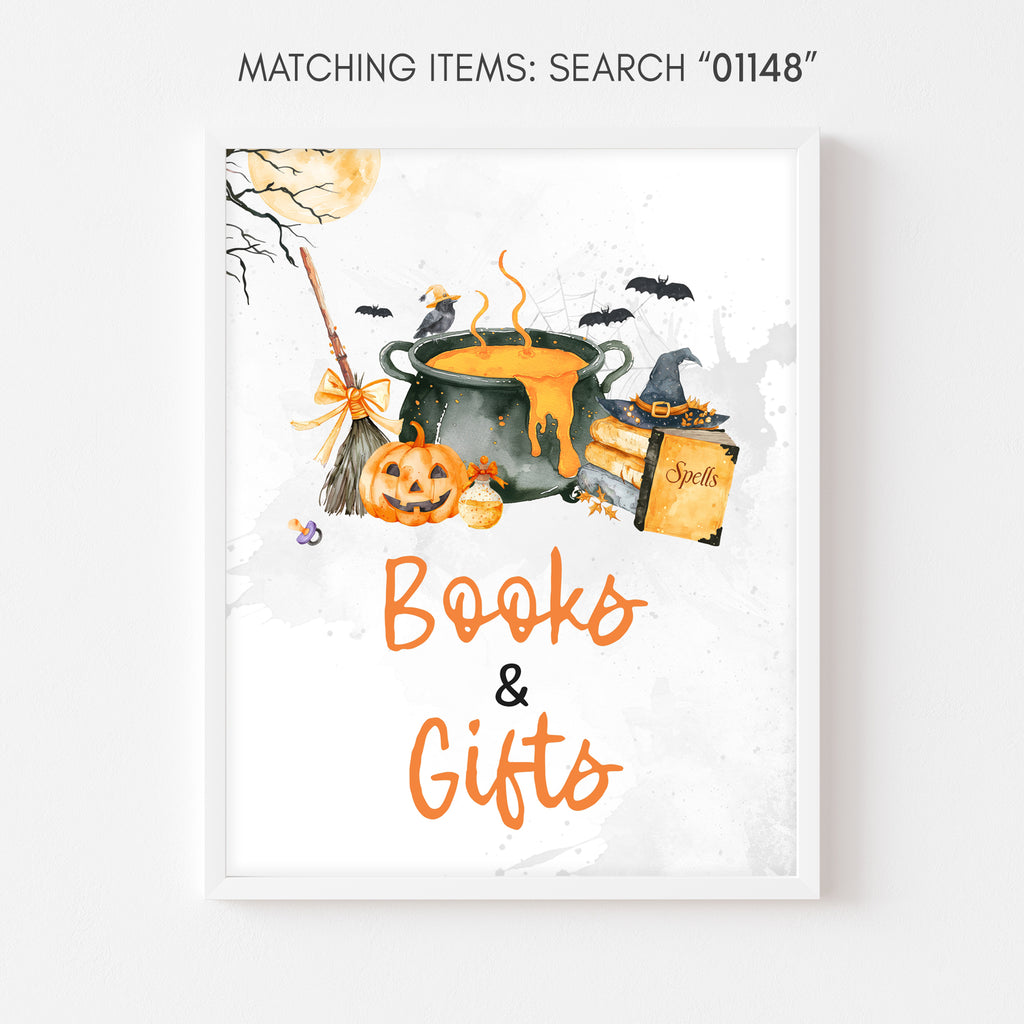 Books and gifts sign, Halloween baby shower pumpkin and cauldron table decoration