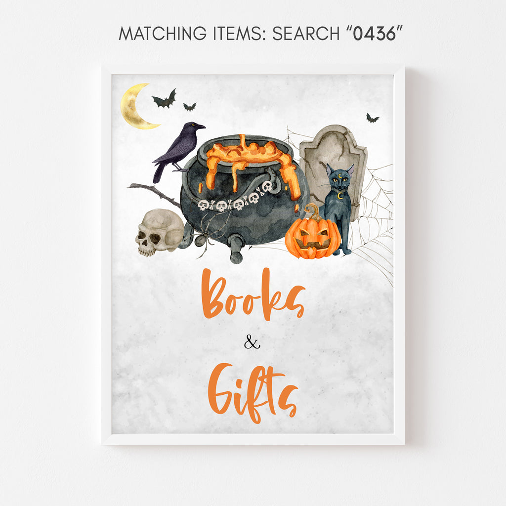 Spooky baby shower Books and Gifts sign with cauldron and bats