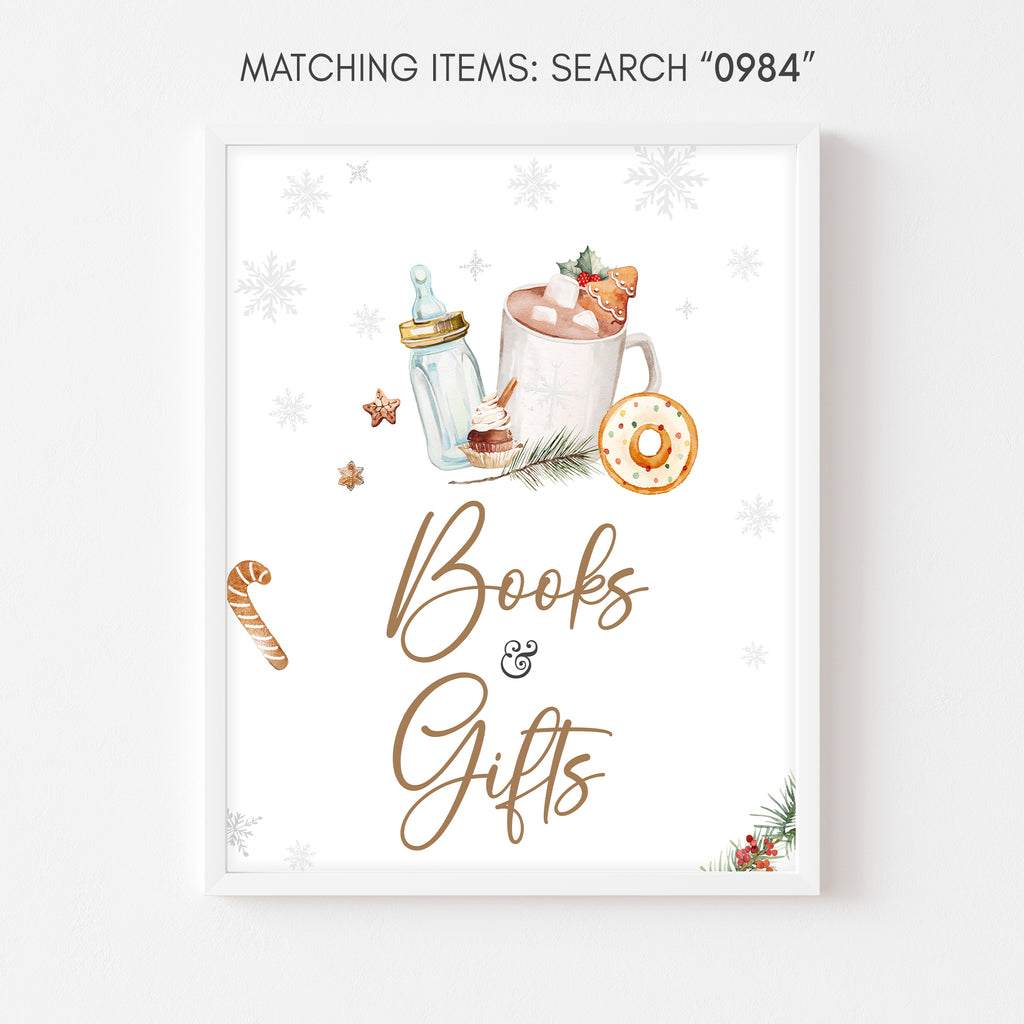Rustic winter baby shower books and gifts sign with snowflakes, neutral holiday theme