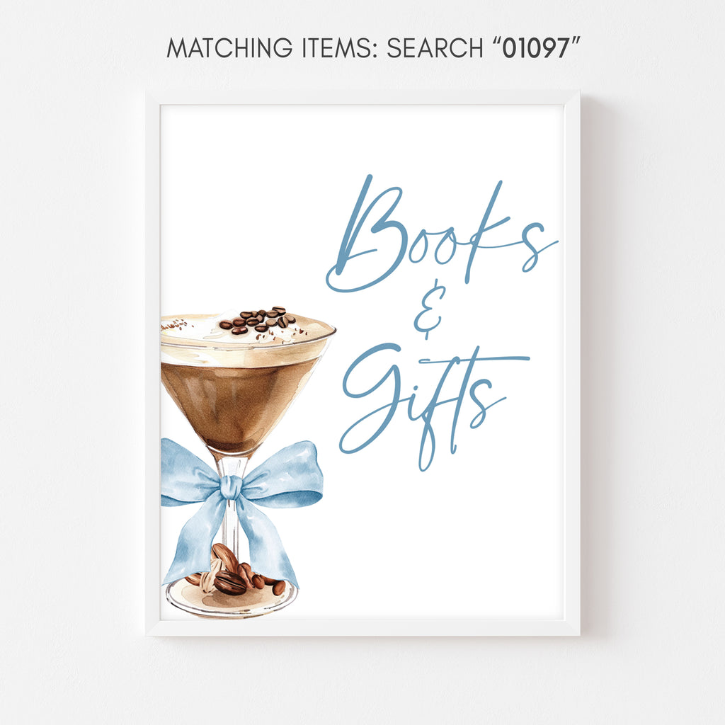 Tini one baby shower books and gifts sign, coffee martini themed table decor, printable tini one boy baby shower books and gifts station sign