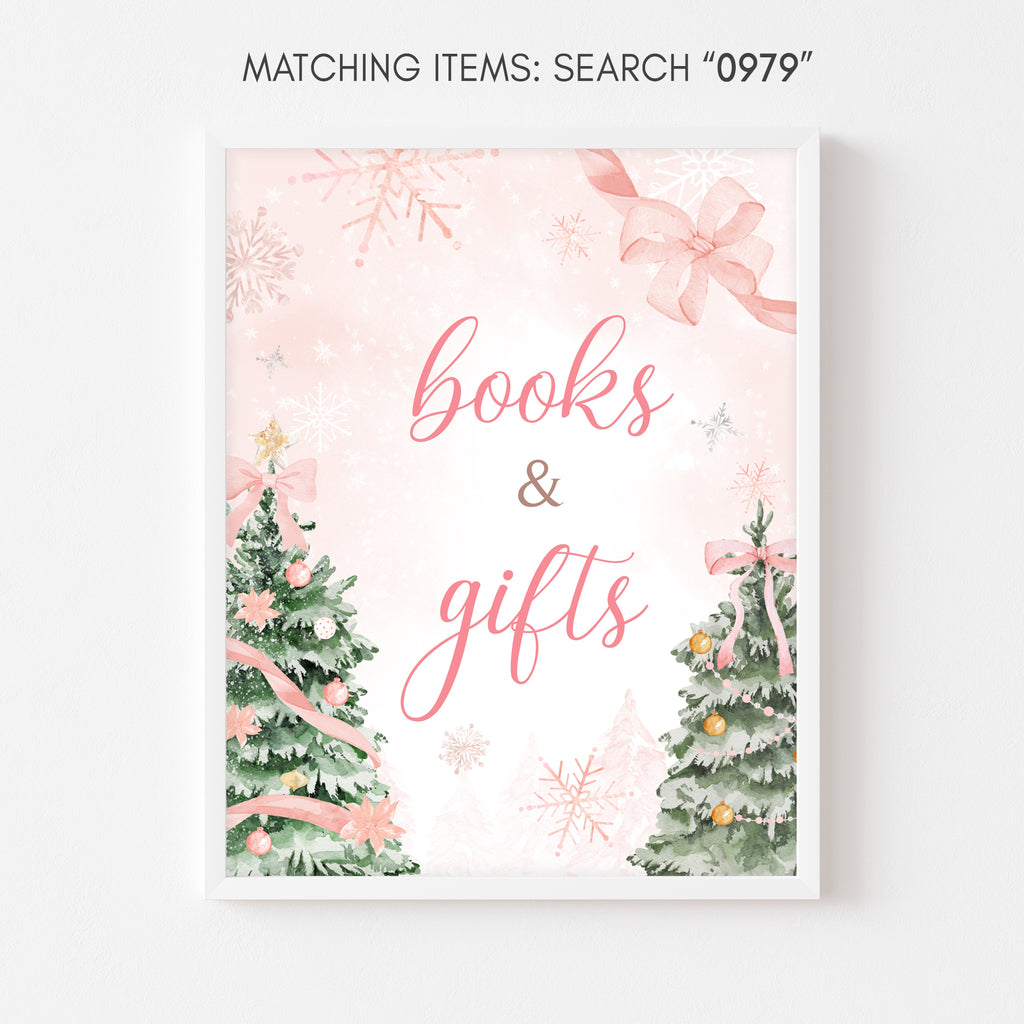 Pink Christmas baby shower books and gifts sign, winter snowflake girl party decoration
