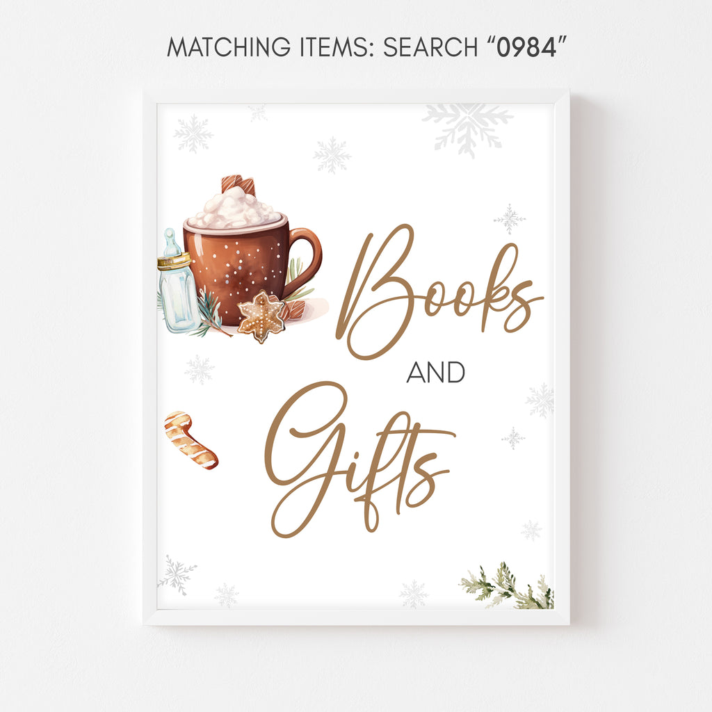 Rustic winter baby shower sign with cozy snowflakes, gender neutral “Books and Gifts” design