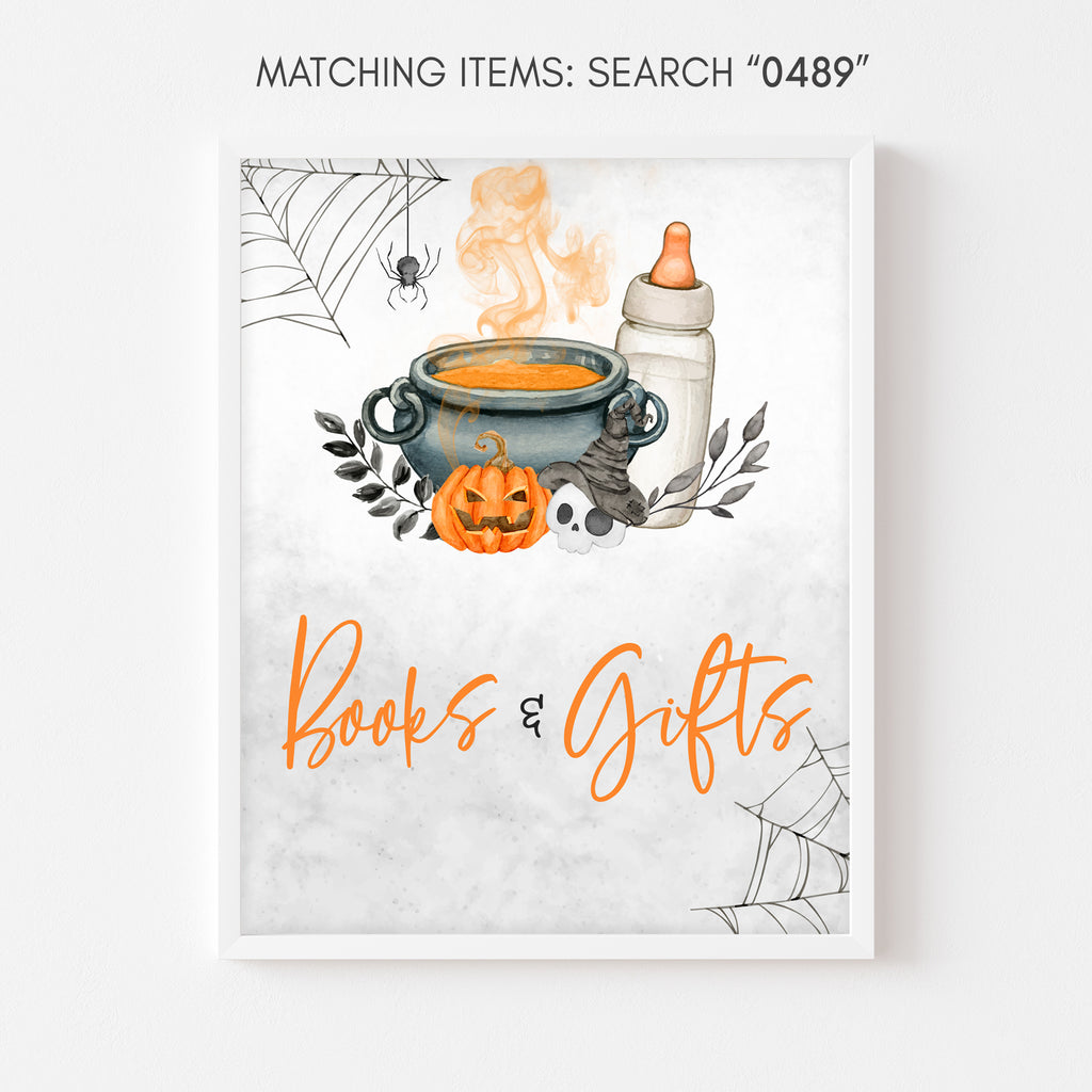 Halloween baby shower Books and Gifts sign with pumpkin and cauldron, spooky fall theme decor