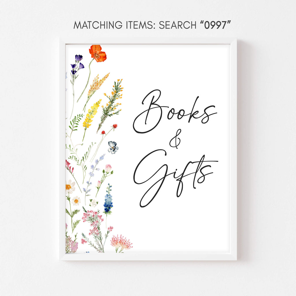 Spring wildflower books and gifts sign for baby girl baby shower table setup