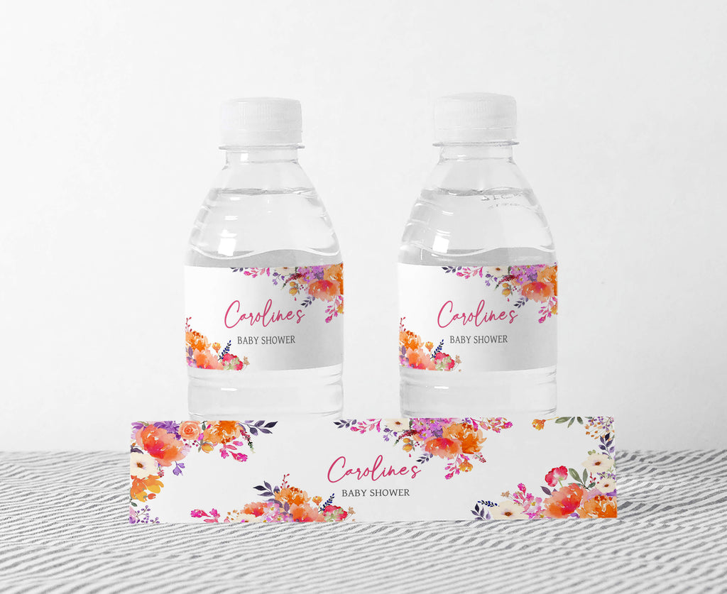 Spring floral baby girl bottle labels for baby shower, matching bloom theme printable