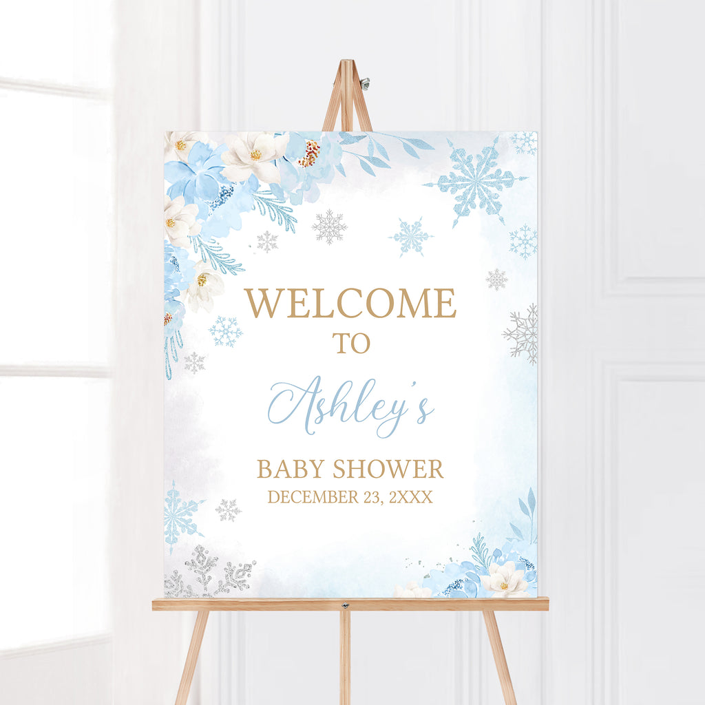 Blue A Little Snowflake Baby Shower Welcome Sign