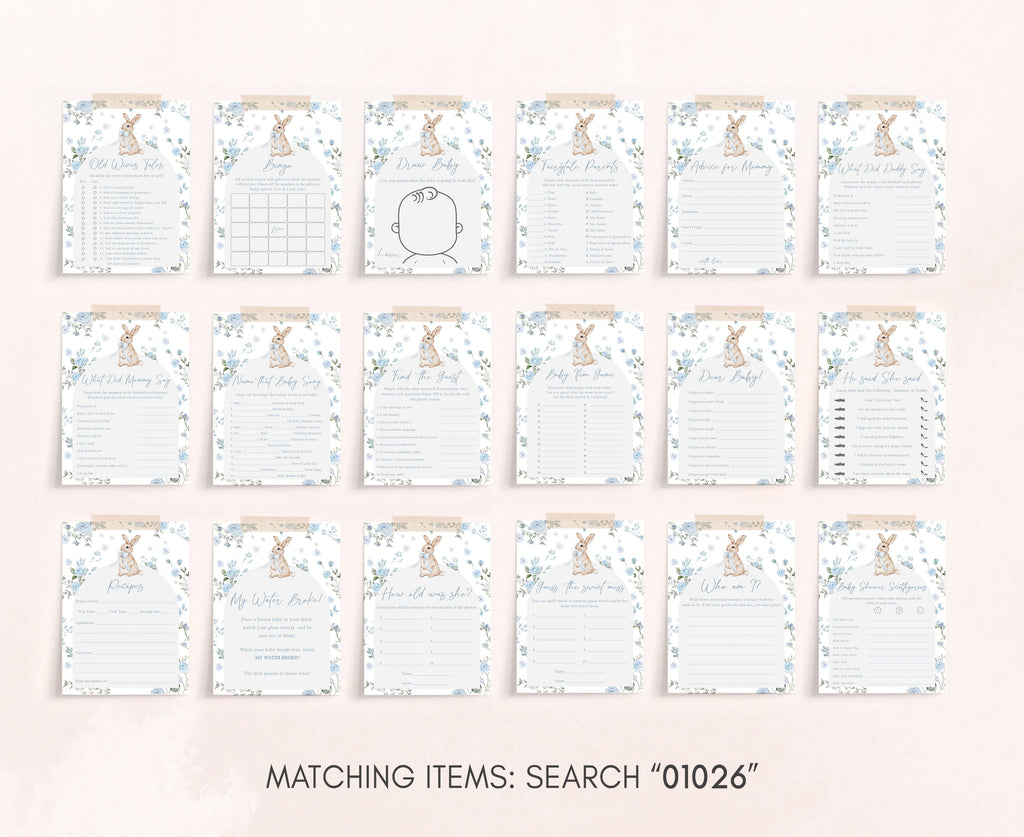 Blue floral bunny baby shower printable games set