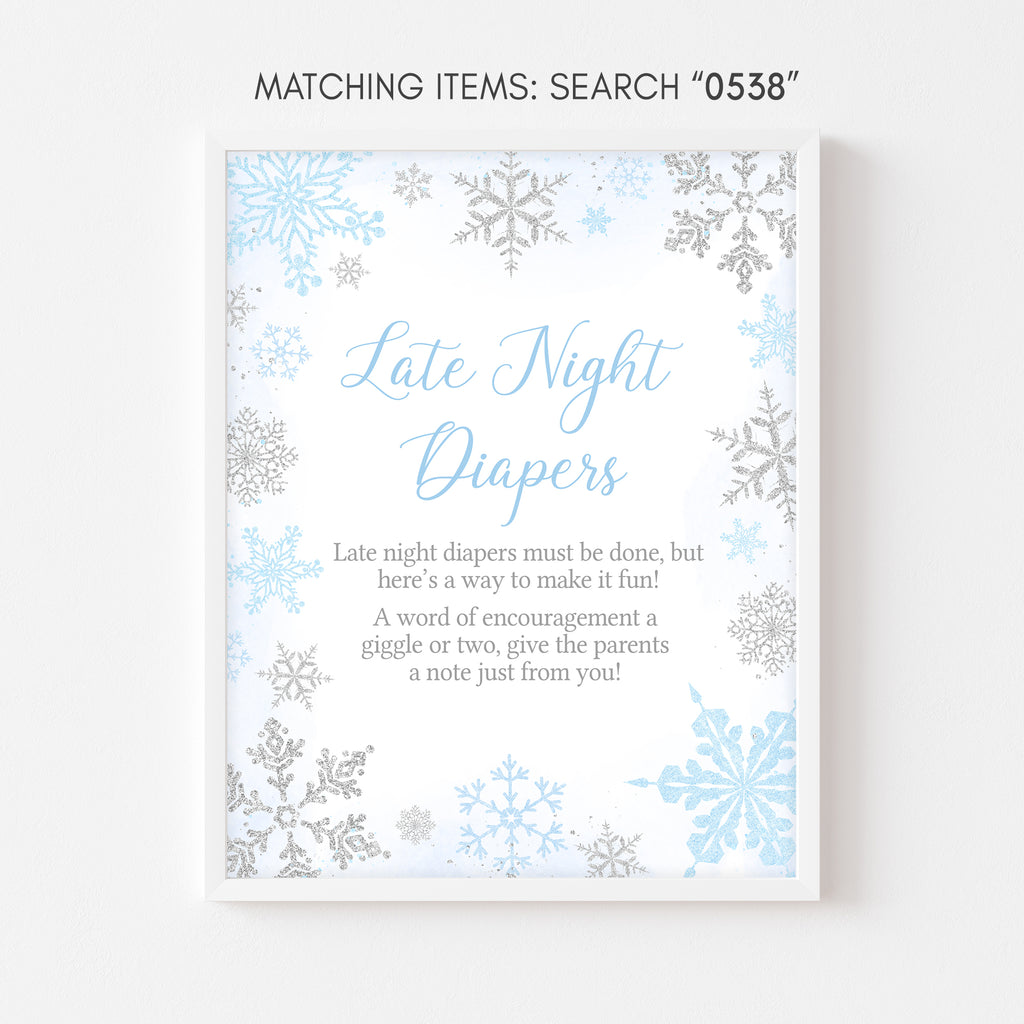 Blue Snowflake Baby Shower Late Night Diapers Sign