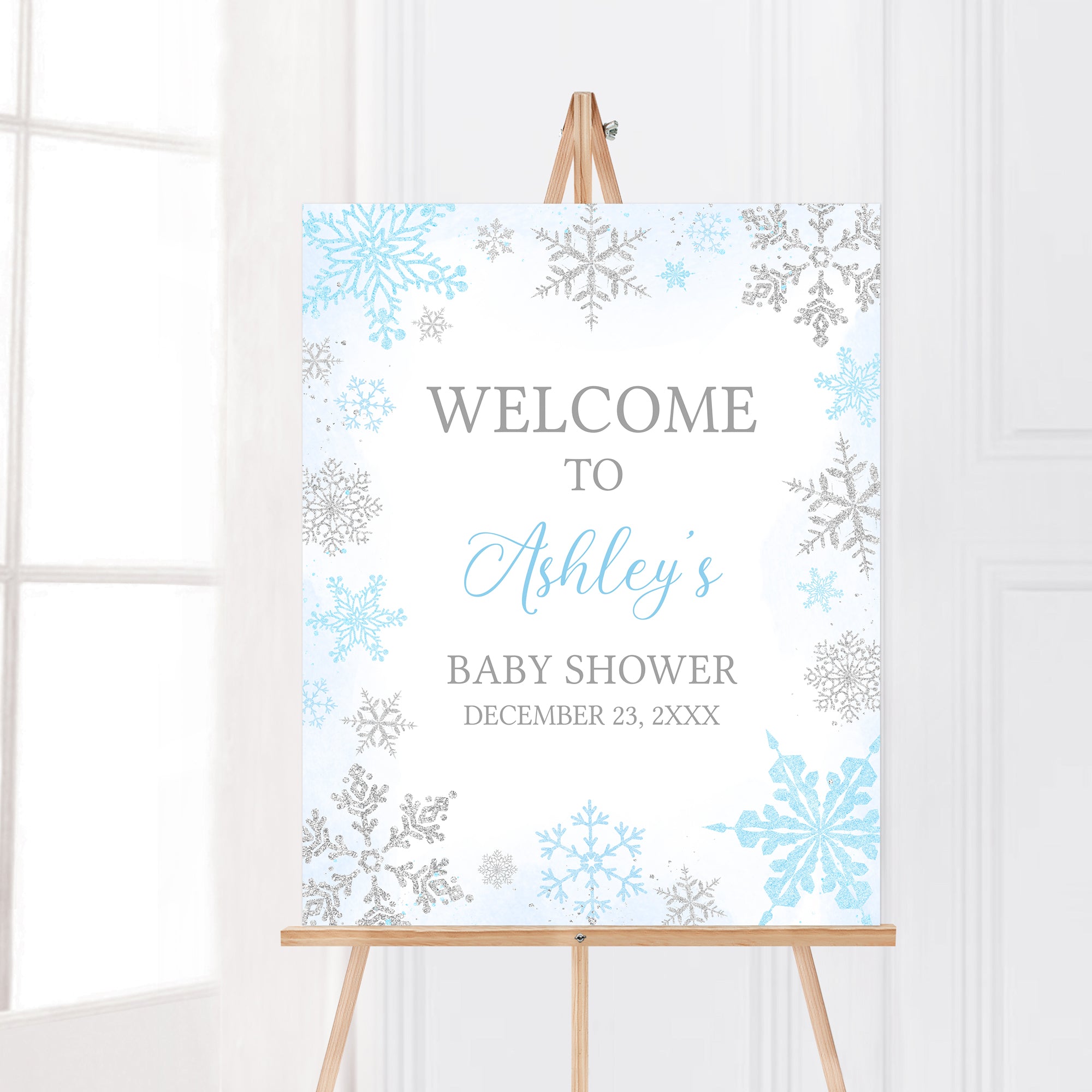 Editable Blue Snowflake Baby Shower Welcome Sign – Cuddle Palette
