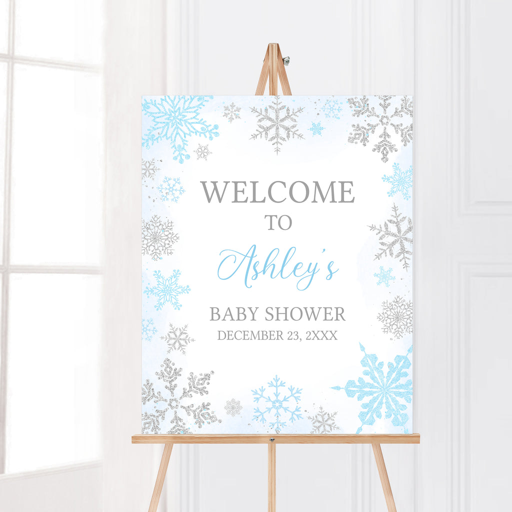 Blue Snowflake Baby Shower Welcome Sign