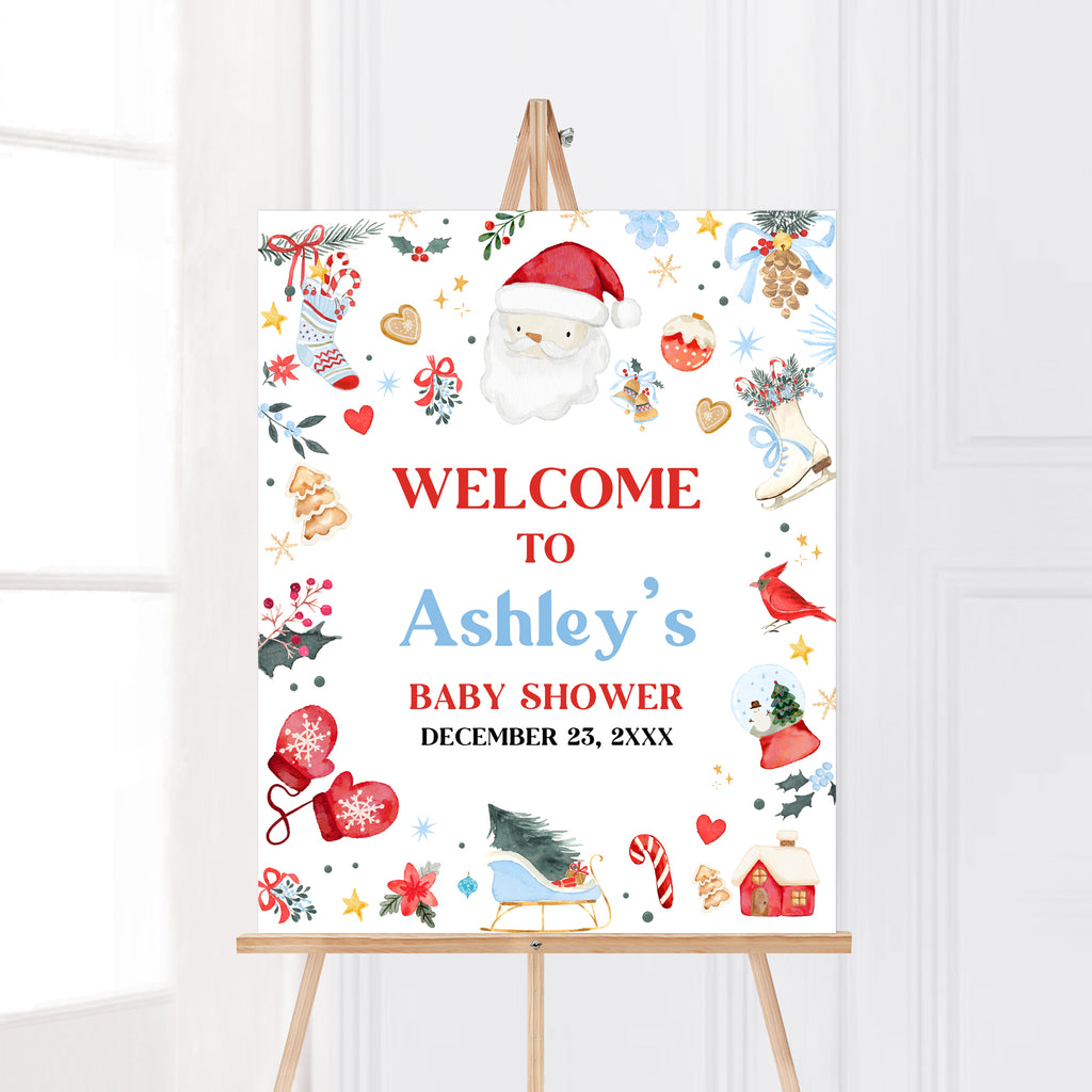 Blue Santa Baby Baby Shower Welcome Sign