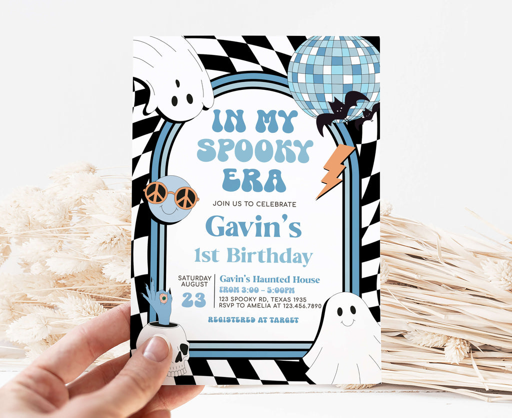 Editable blue Halloween birthday invitation template